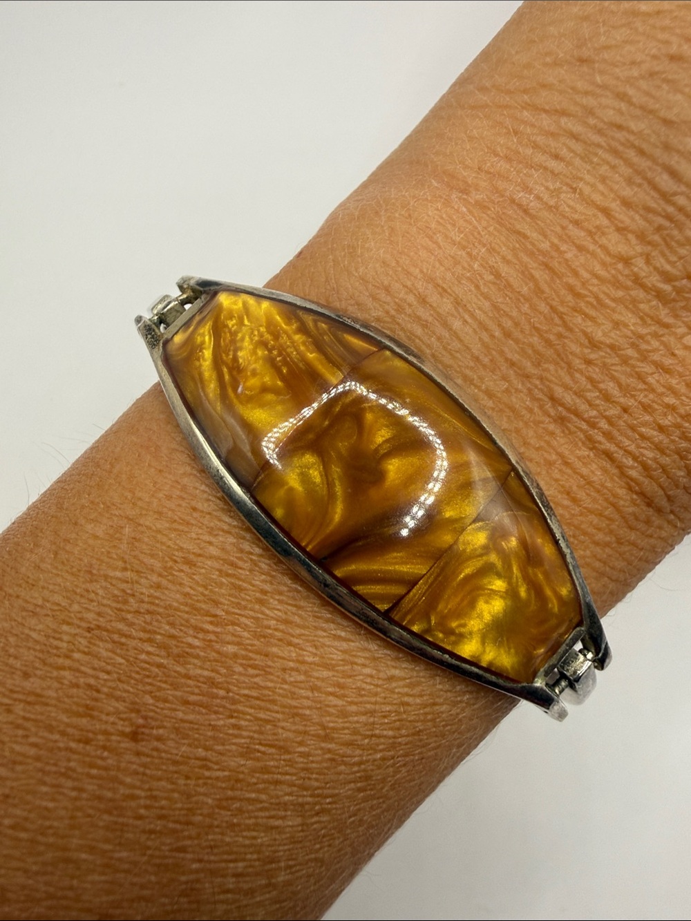 Vintage Alpaca Mexico Silver Tone Brown Swirl Large Cuff Bangle Bracelet